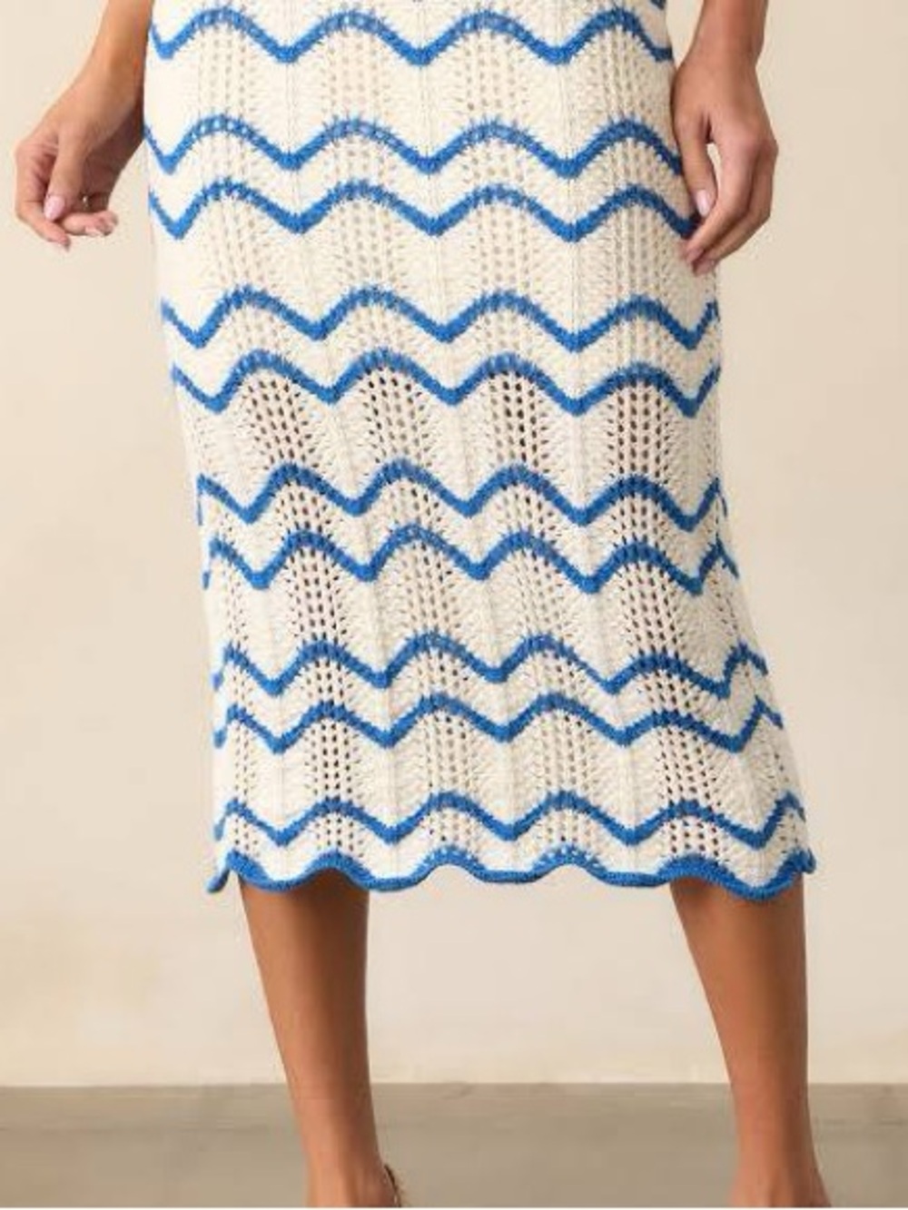 Skies Are Blue White Knit Midi Skirt with Blue Chevron Trim